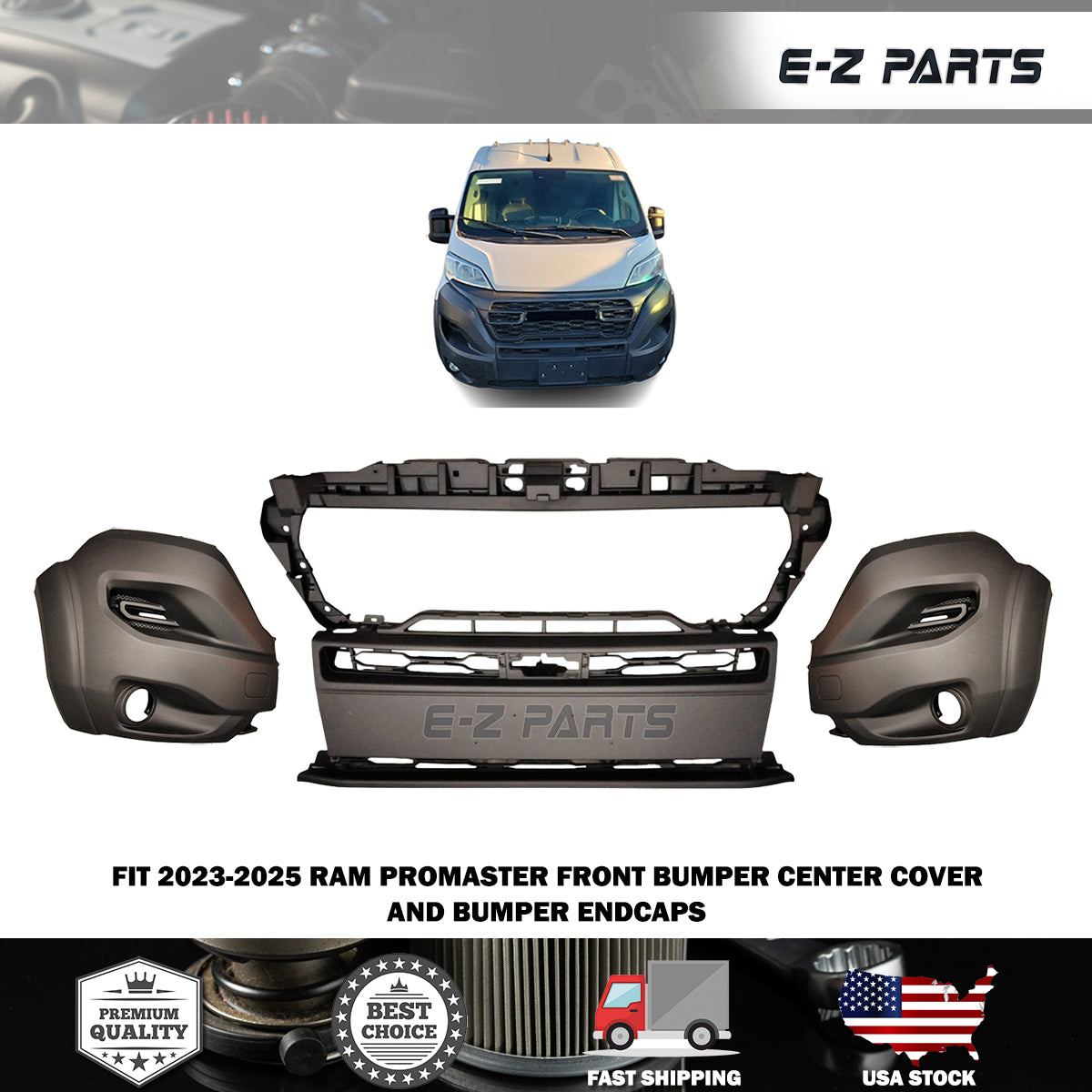 Fit 2023-2025 RAM Promaster Front Bumper Center Cover and Bumper Endcaps