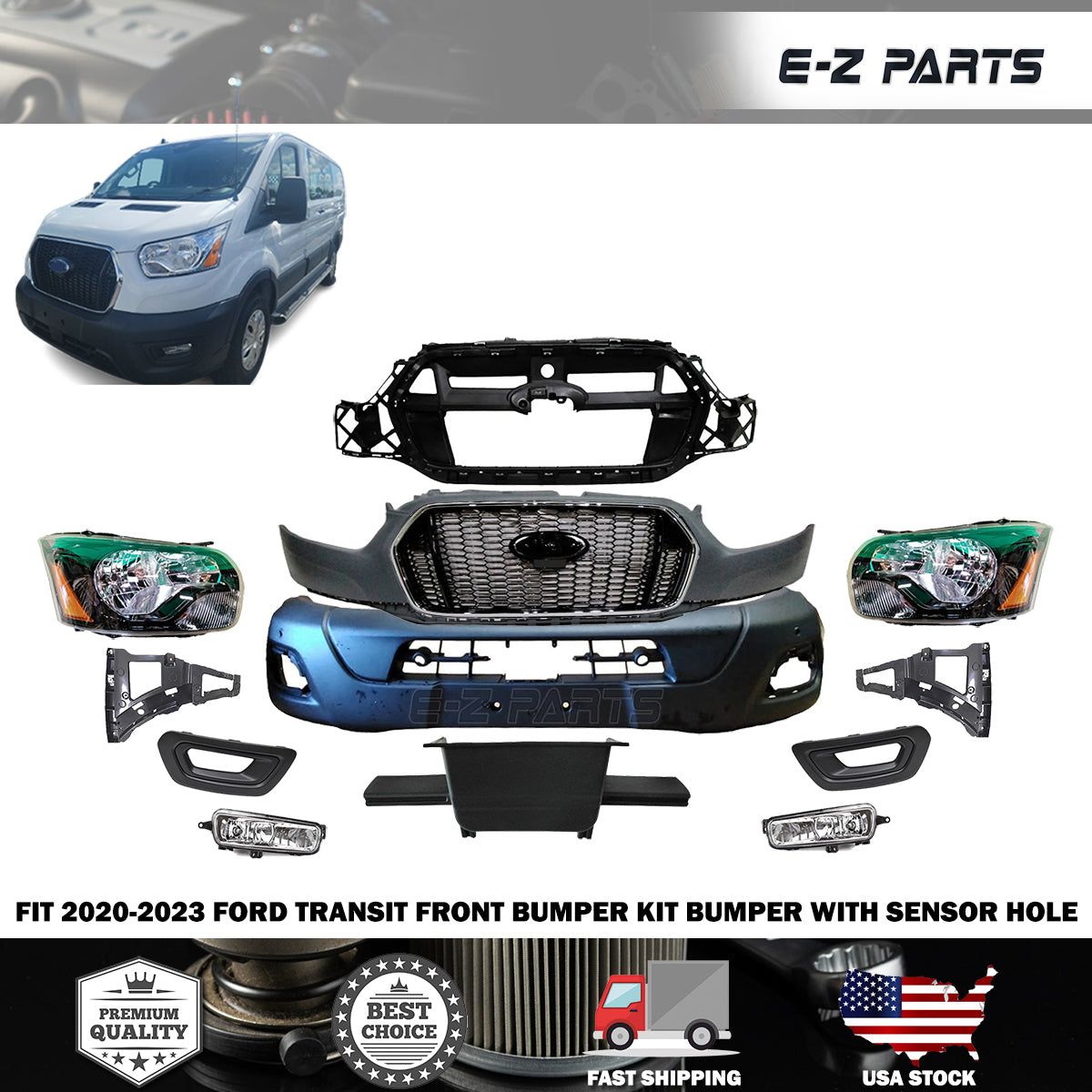 Fit 2020-2023 Ford Transit Front Bumper Kit Bumper with Sensor Hole