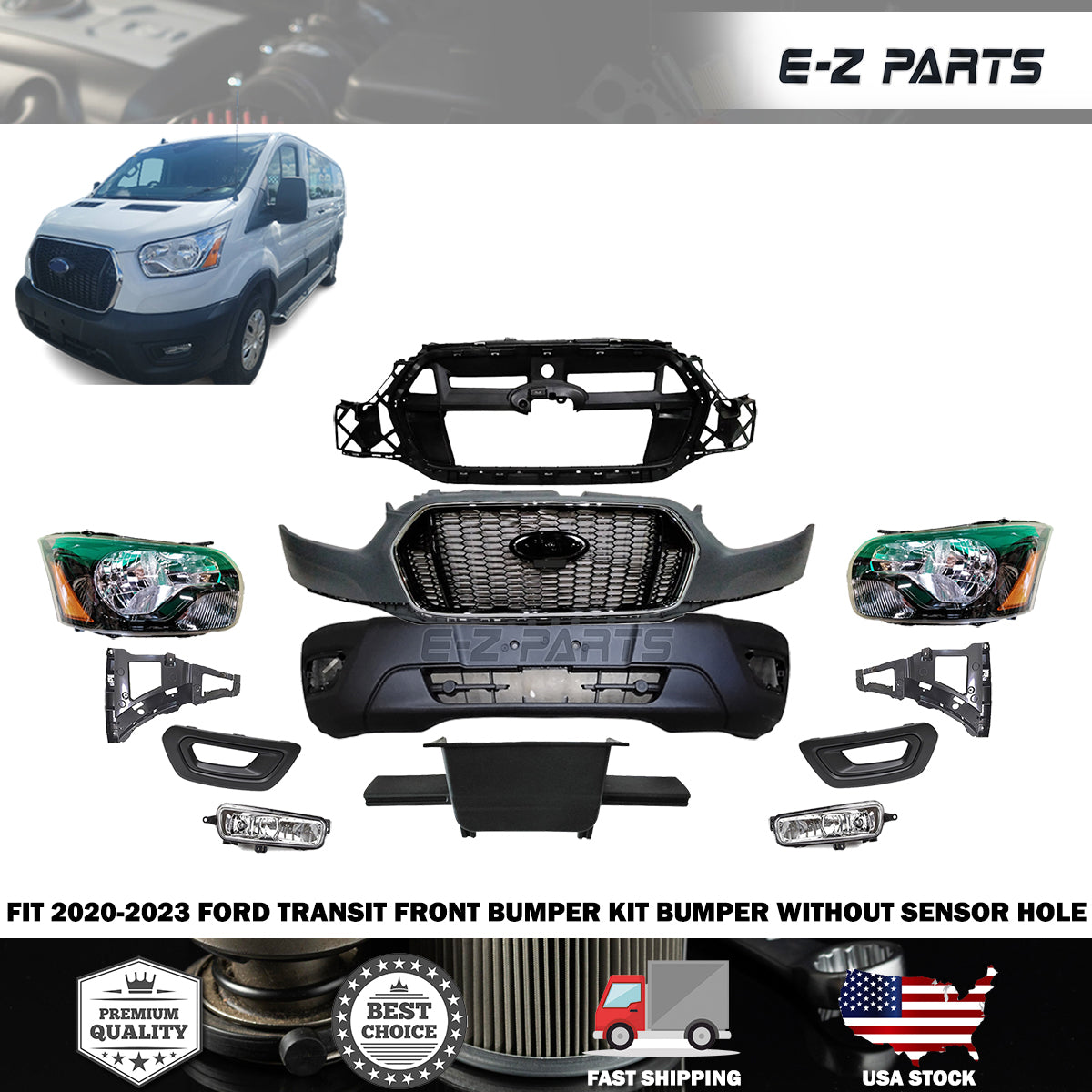 Fit 2020-2023 Ford Transit Front Bumper Kit Bumper without Sensor Hole
