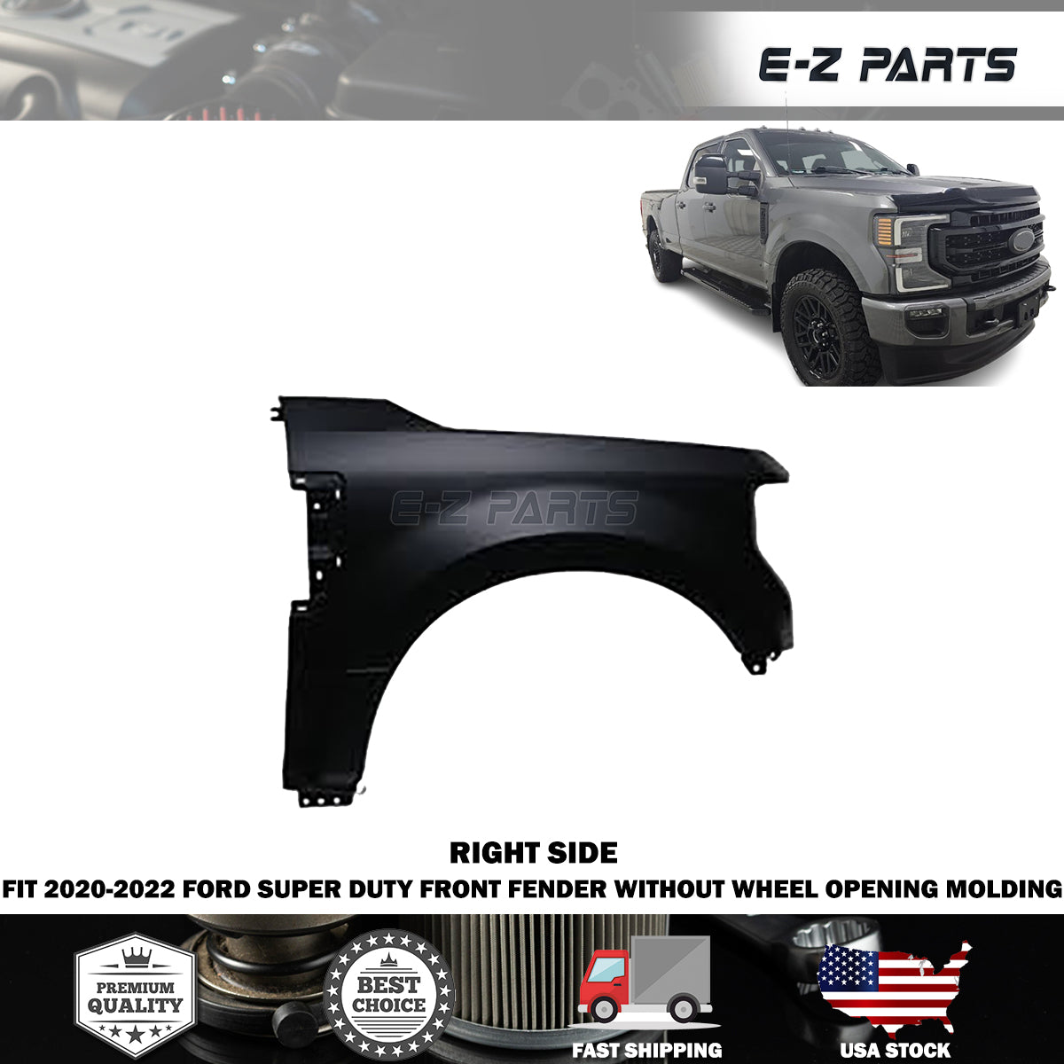 Fit 2020-2022 Ford Super Duty Right Front Fender without Wheel Opening Molding