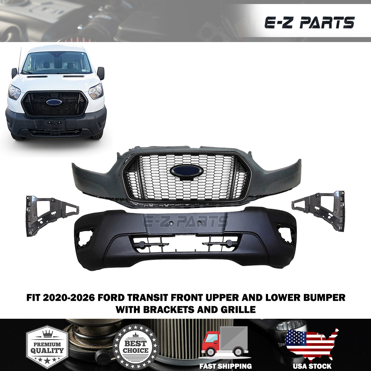 Fit 2020-2026 Ford Transit Front Upper and Lower Bumper with Brackets and Grille