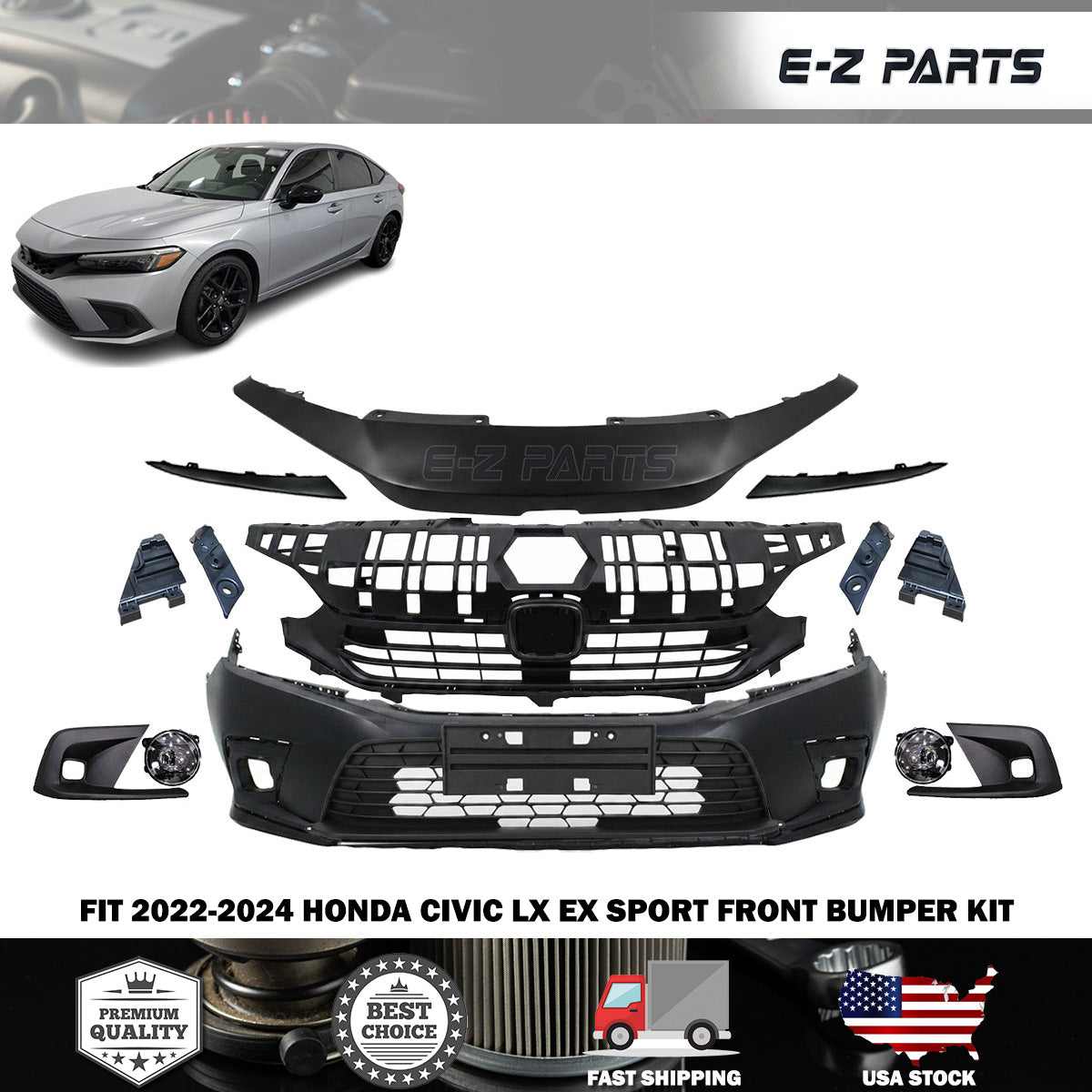 Fit 2022-2023 Honda Civic LX EX Sport Front Bumper Kit 12 Pieces