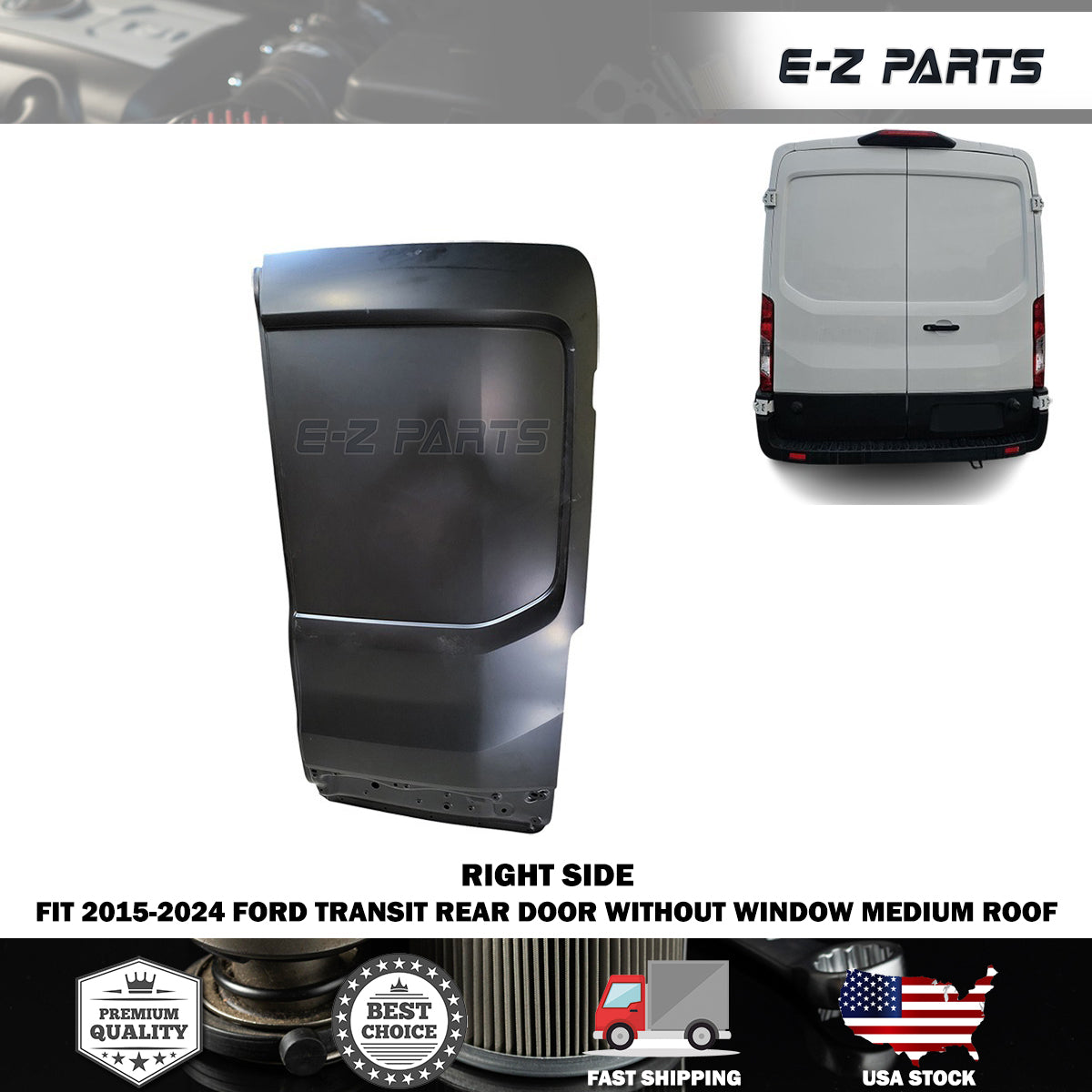 Fit 2015-2024 Ford Transit Right Rear Door without Window Medium Roof