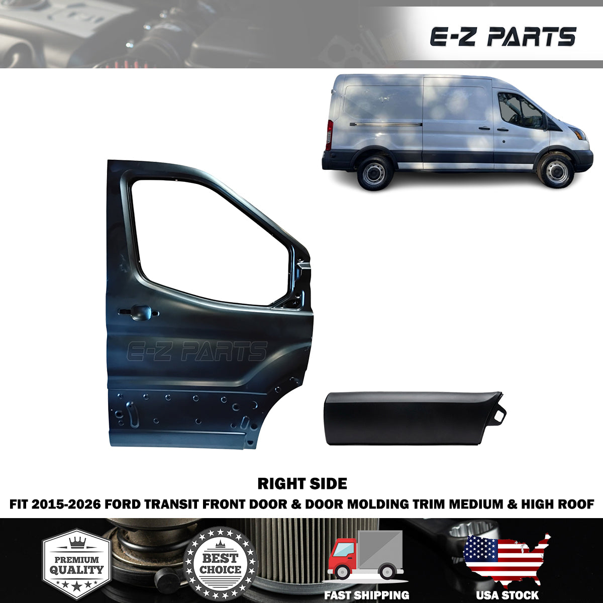 Fit 2015-2026 Ford Transit Right Front Door & Door Molding Trim Medium High Roof