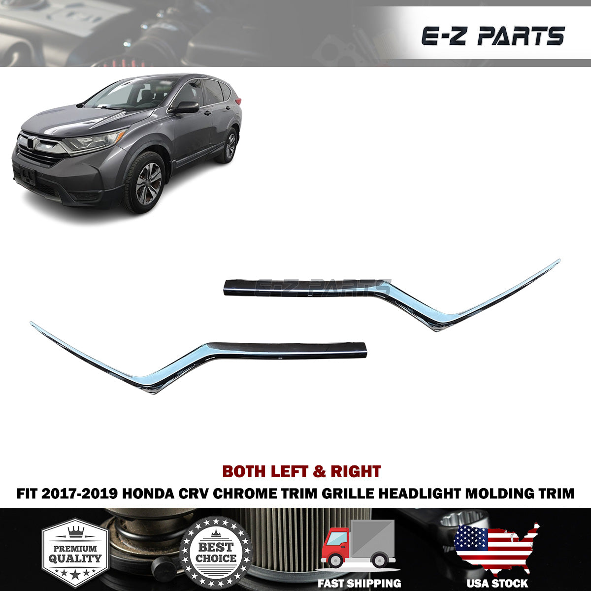 Fit 2017-2019 Honda CRV Left & Right Chrome Trim Grille Headlight Molding Trim