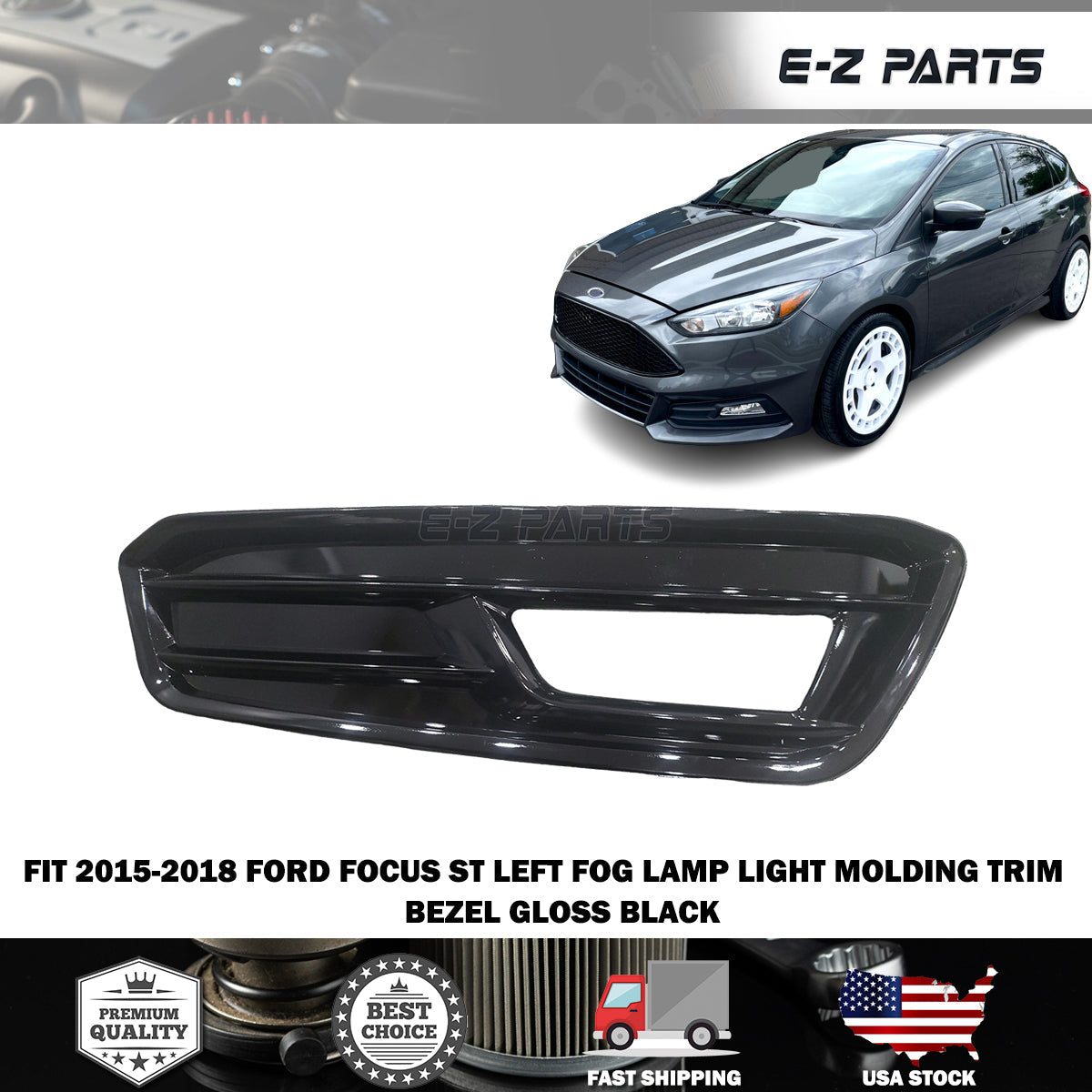 For 2015-2018 Ford Focus ST Left Fog Lamp Light Molding Trim Bezel Gloss Black Driver Side LH
