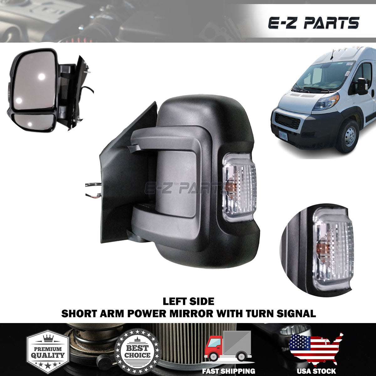 For 2014-2022 RAM Promaster Left Short Arm Power Mirror with Turn Signal