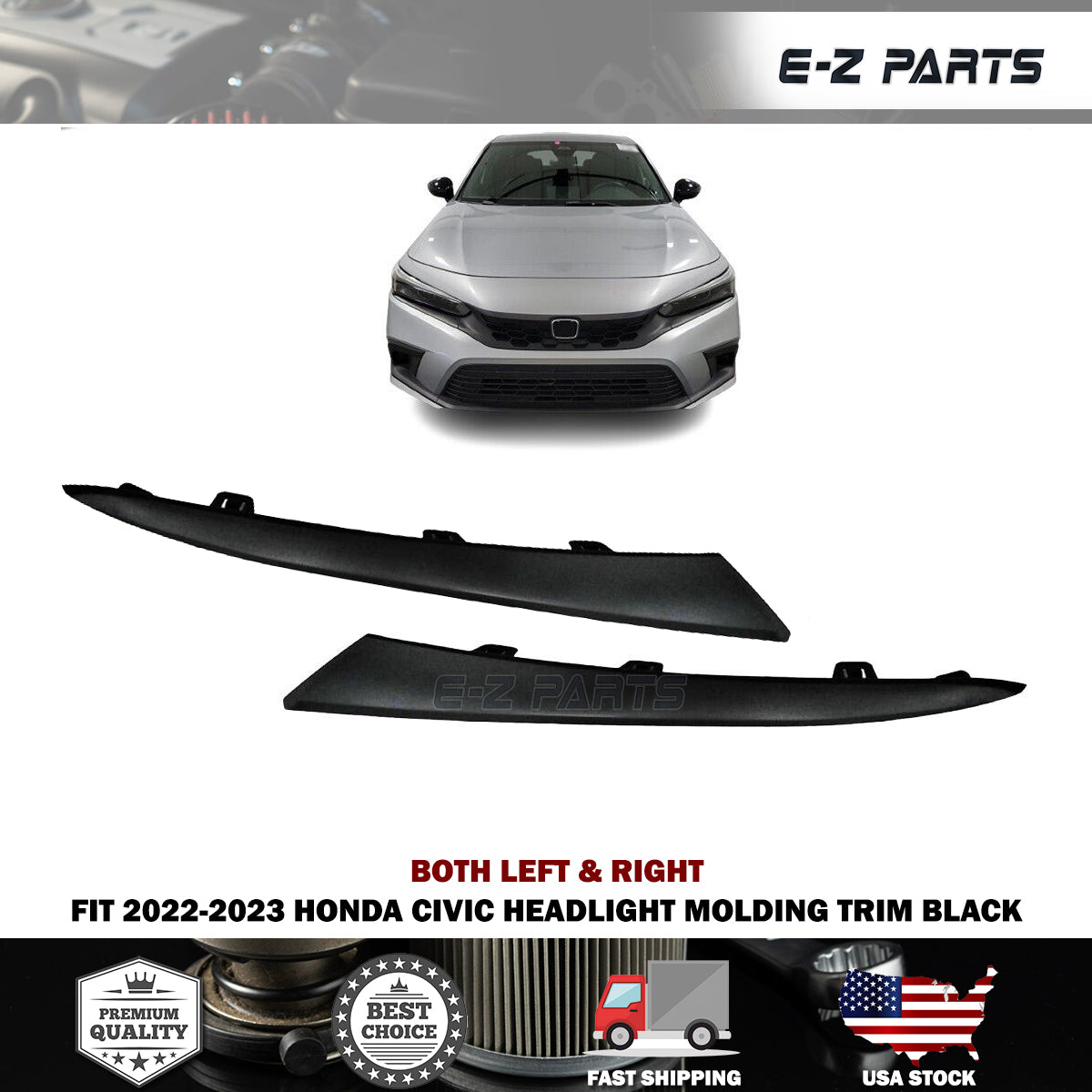 For 2022-2023 Honda Civic Both Left & Right Headlight Molding Trim Black