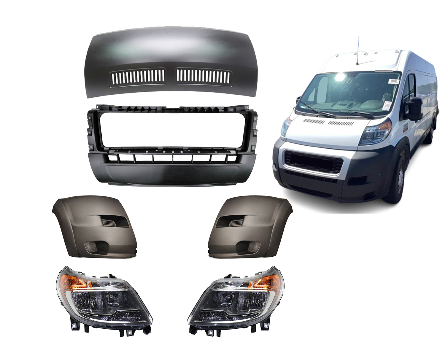 For 2019-2022 RAM Promaster Front Hood, Bumper Center and Corner Covers With Headlights without DRL