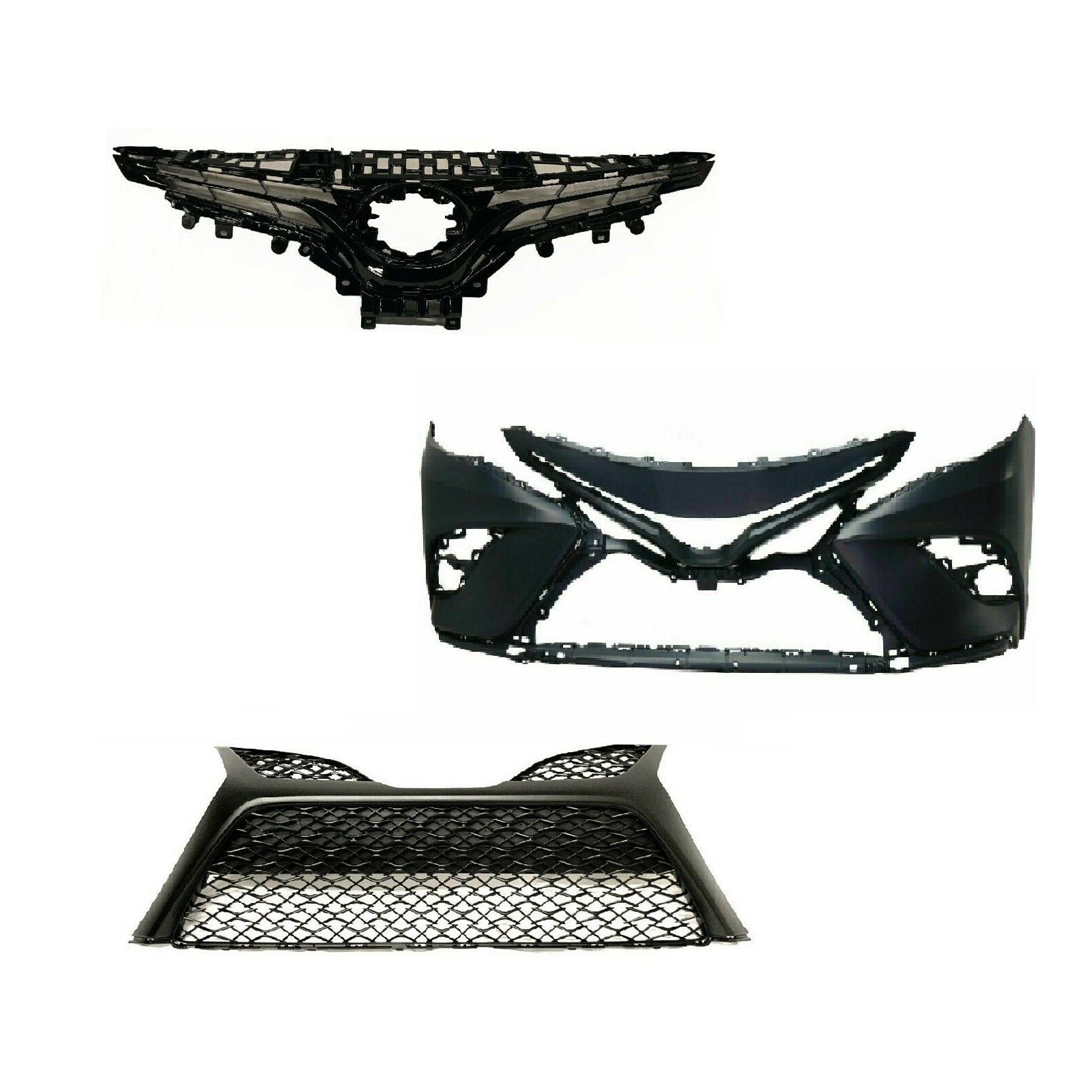 For 2018-2019 Toyota Camry Bumper Cover + Upper Grille + Lower Grille