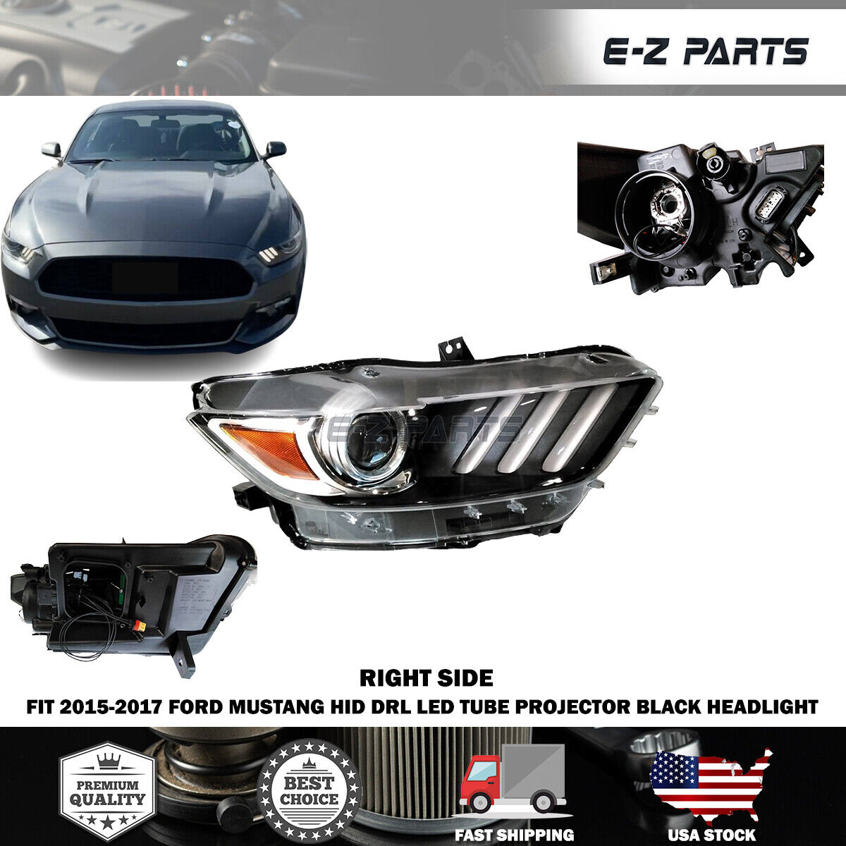 For 2015-2017 Ford Mustang HID DRL LED Tube Projector Black Headlight Passenger