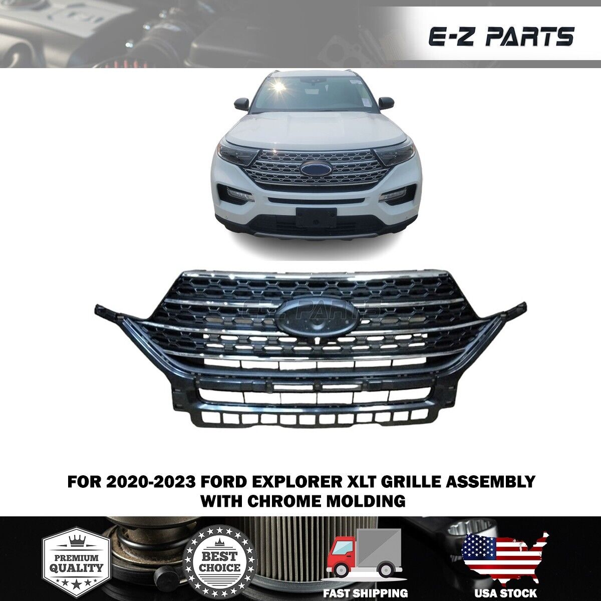 For 2020-2023 Ford Explorer XLT Grille Assembly with Chrome Molding