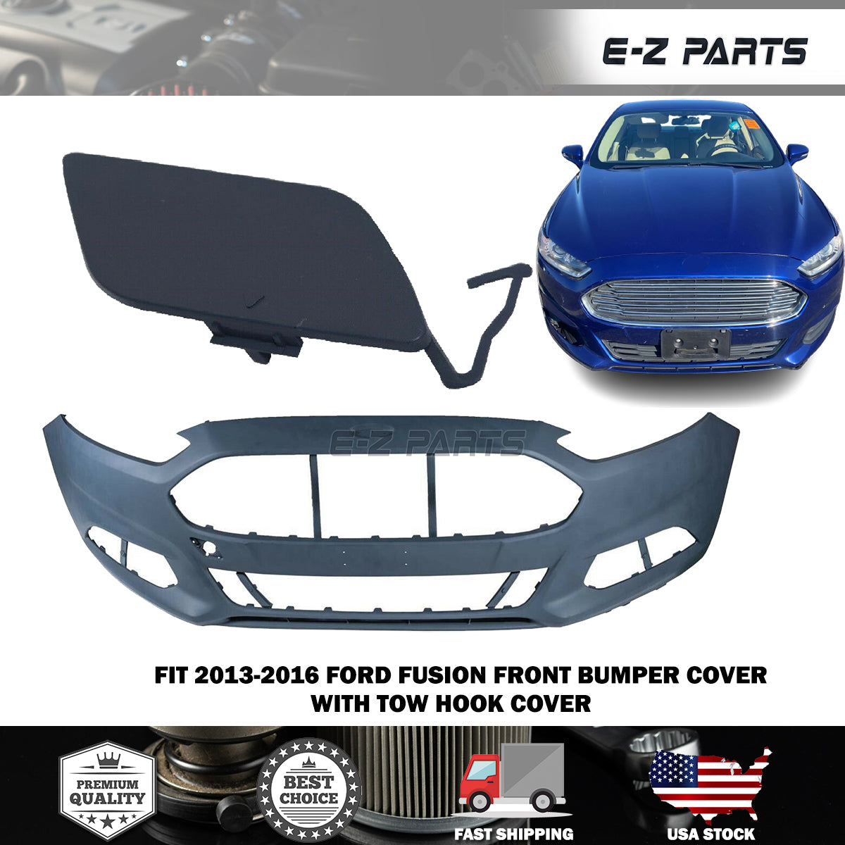 For 2013-2016 Ford Fusion Front Bumper Cover W/ tow hook cover