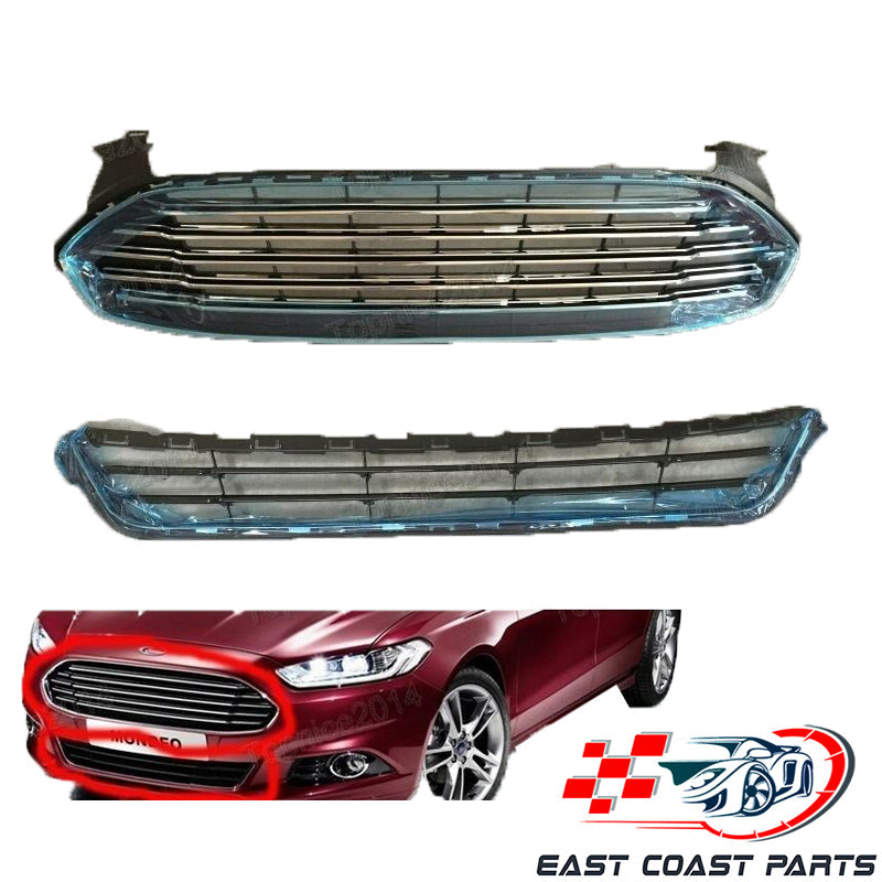 For 2013-2016 Ford Fusion Chrome Upper & Lower Front Radiator Grille Kit