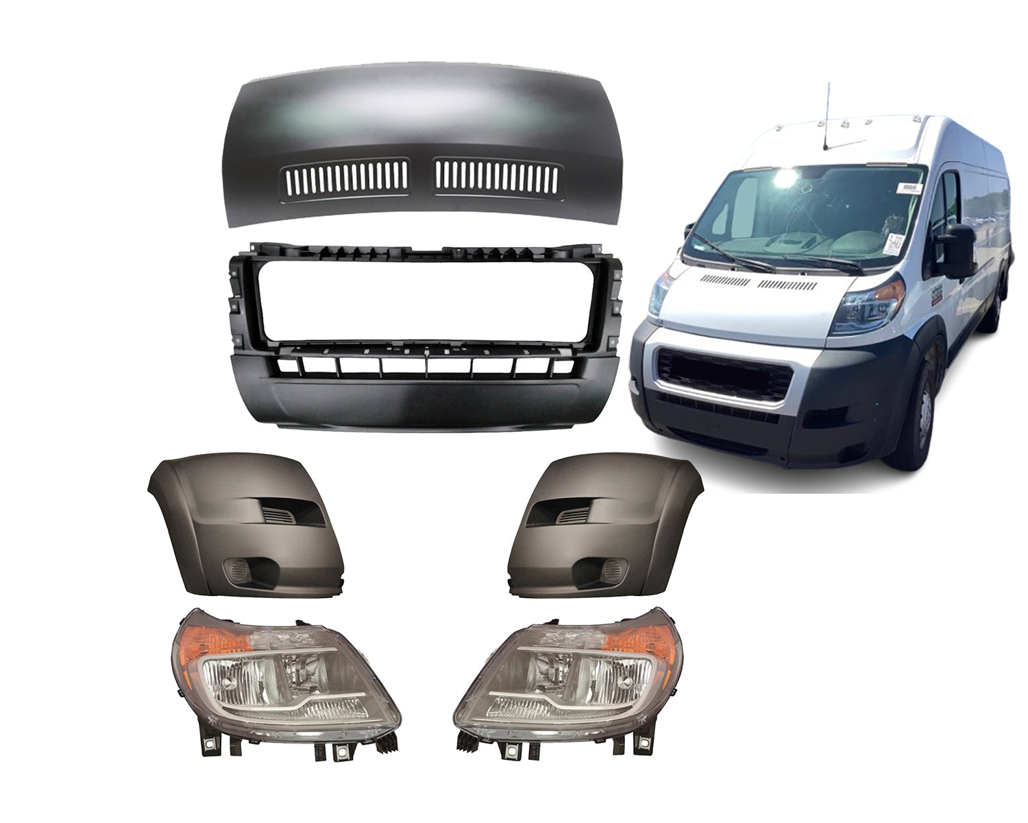 For 2019-2022 RAM Promaster Front Hood, Bumper Center and Corner Covers With Headlights with DRL