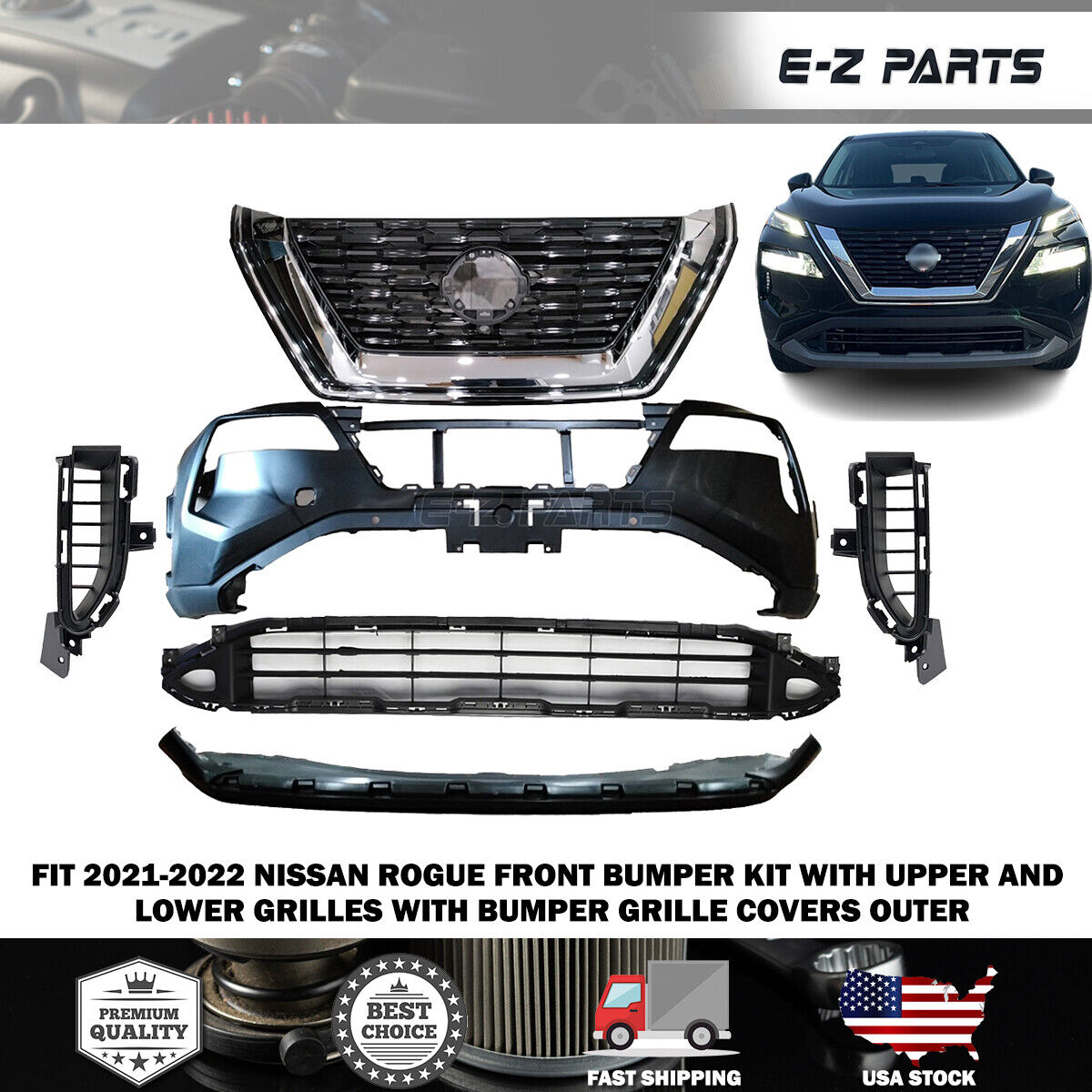 For 2021-2022 Nissan Rogue Front Bumper Kit with Upper and Lower Grilles with