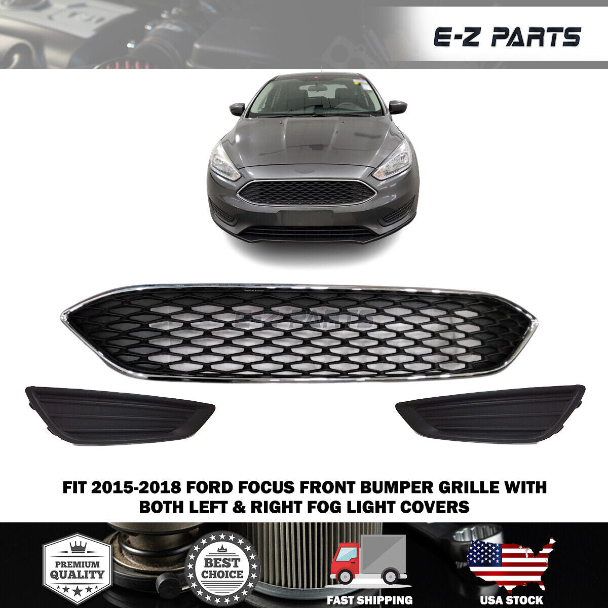 For 2015-2018 Ford Focus Front Bumper Grille with Fog Light Covers