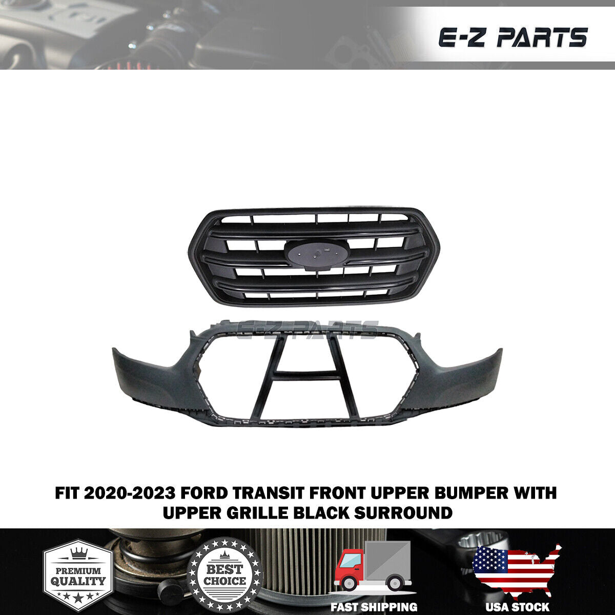 For 2020-2023 Ford Transit Front Upper Bumper with Upper Grille Black Surround
