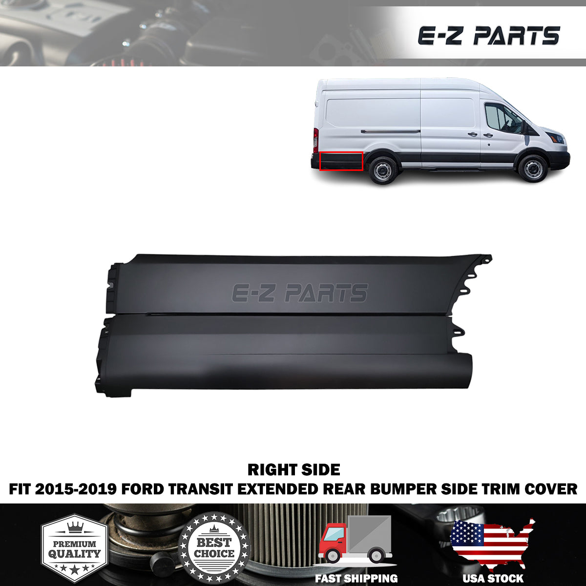 Fit 2015-2019 Ford Transit Extended Right Rear Bumper Side Trim Cover