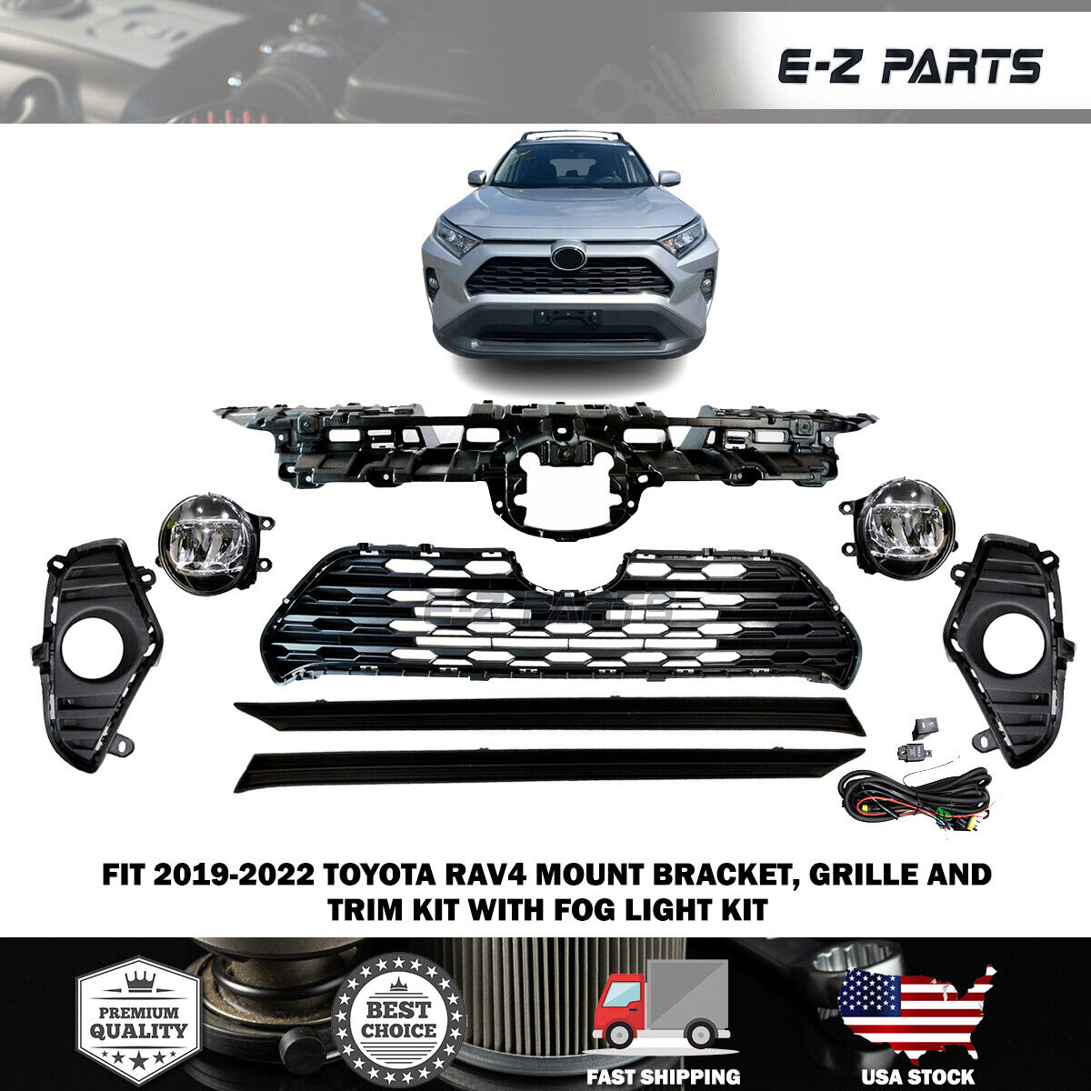 For 2019-2022 Toyota RAV4 Mount Bracket, Grille and Trim kit with Fog Light Kit