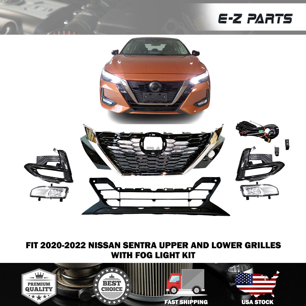 For 2020-2022 Nissan Sentra Upper and Lower Grilles with Fog Light Kit