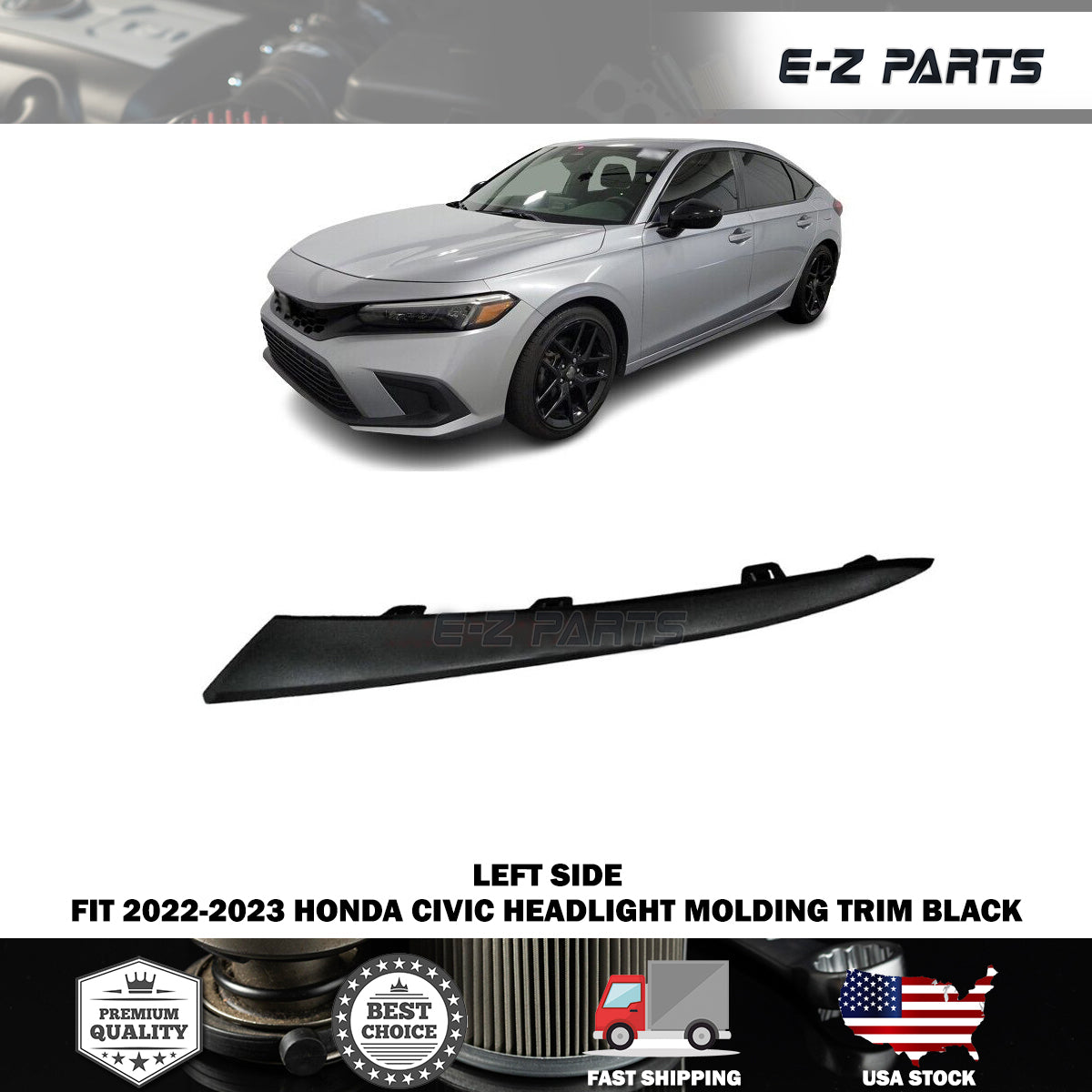 For 2022-2023 Honda Civic Left Headlight Molding Trim Black