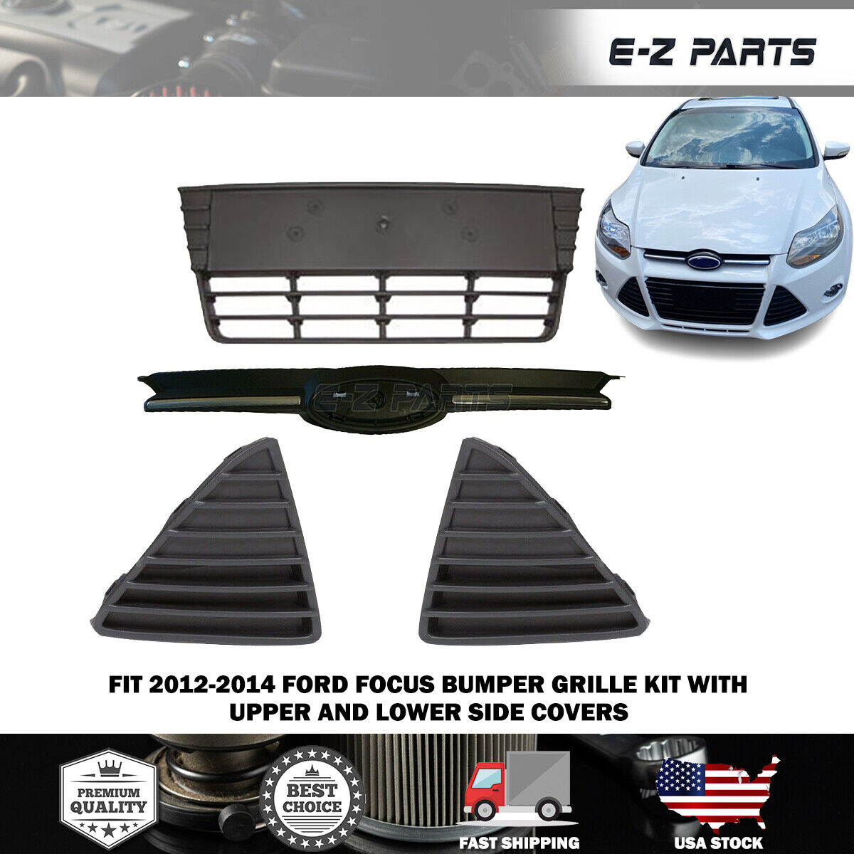 For 2012-2014 Ford Focus Bumper Grille Kit with Upper and Lower Side Covers