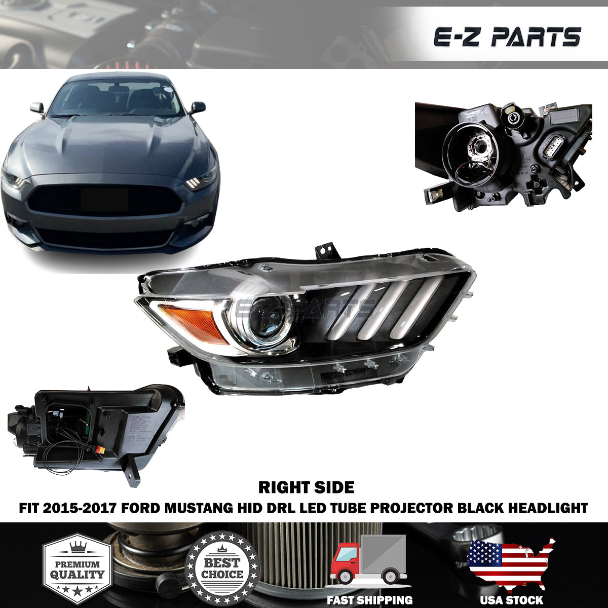 For 2015-2017 Ford Mustang HID DRL LED Tube Projector Black Headlight Passenger