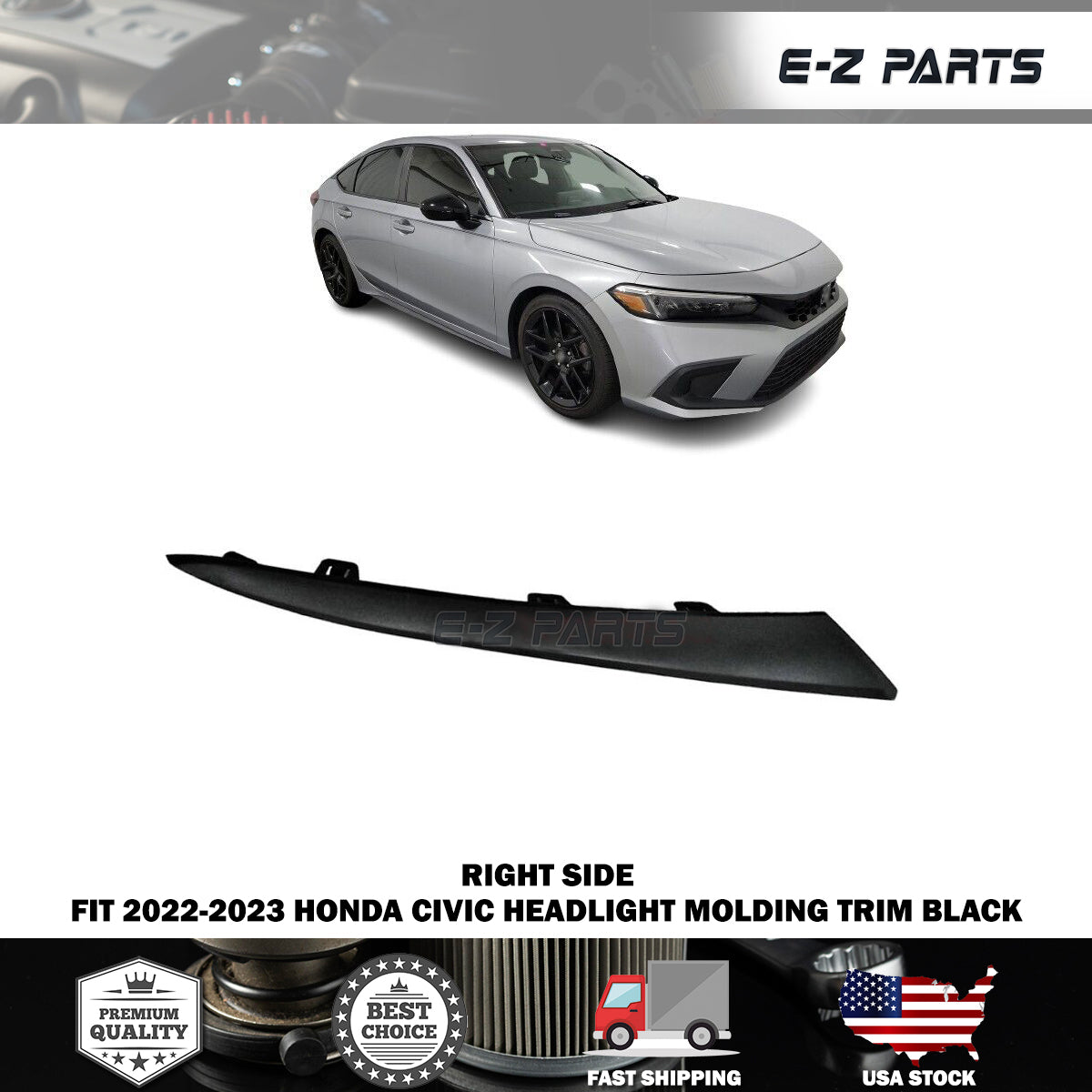 For 2022-2023 Honda Civic Right Headlight Molding Trim Black