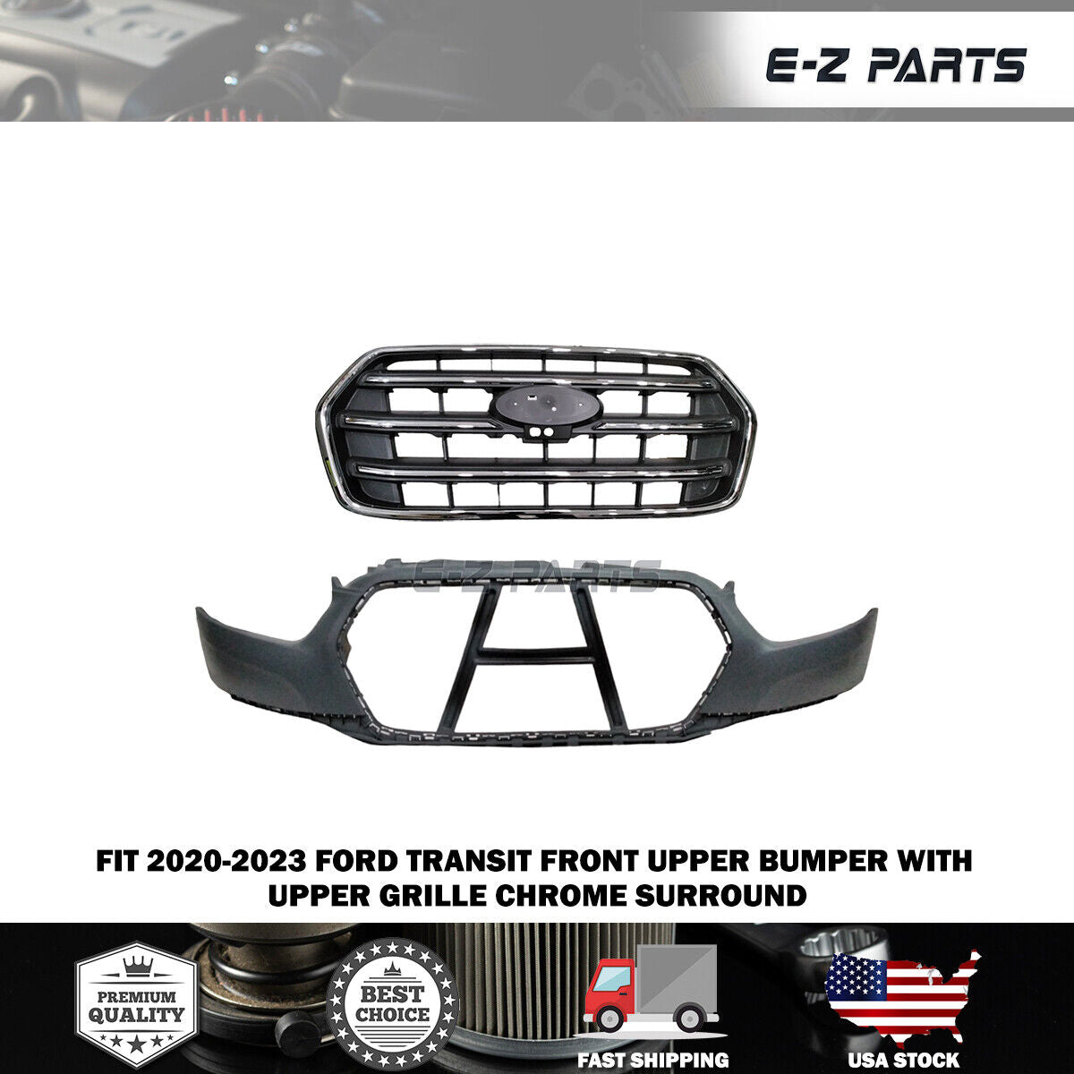 For 2020-2023 Ford Transit Front Upper Bumper with Upper Grille Chrome Surround