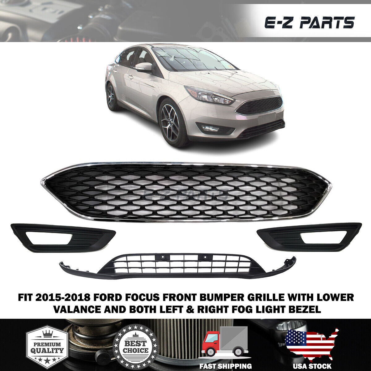 For 2015-2018 Ford Focus Upper Grille with Lower Valance and Fog Light Covers