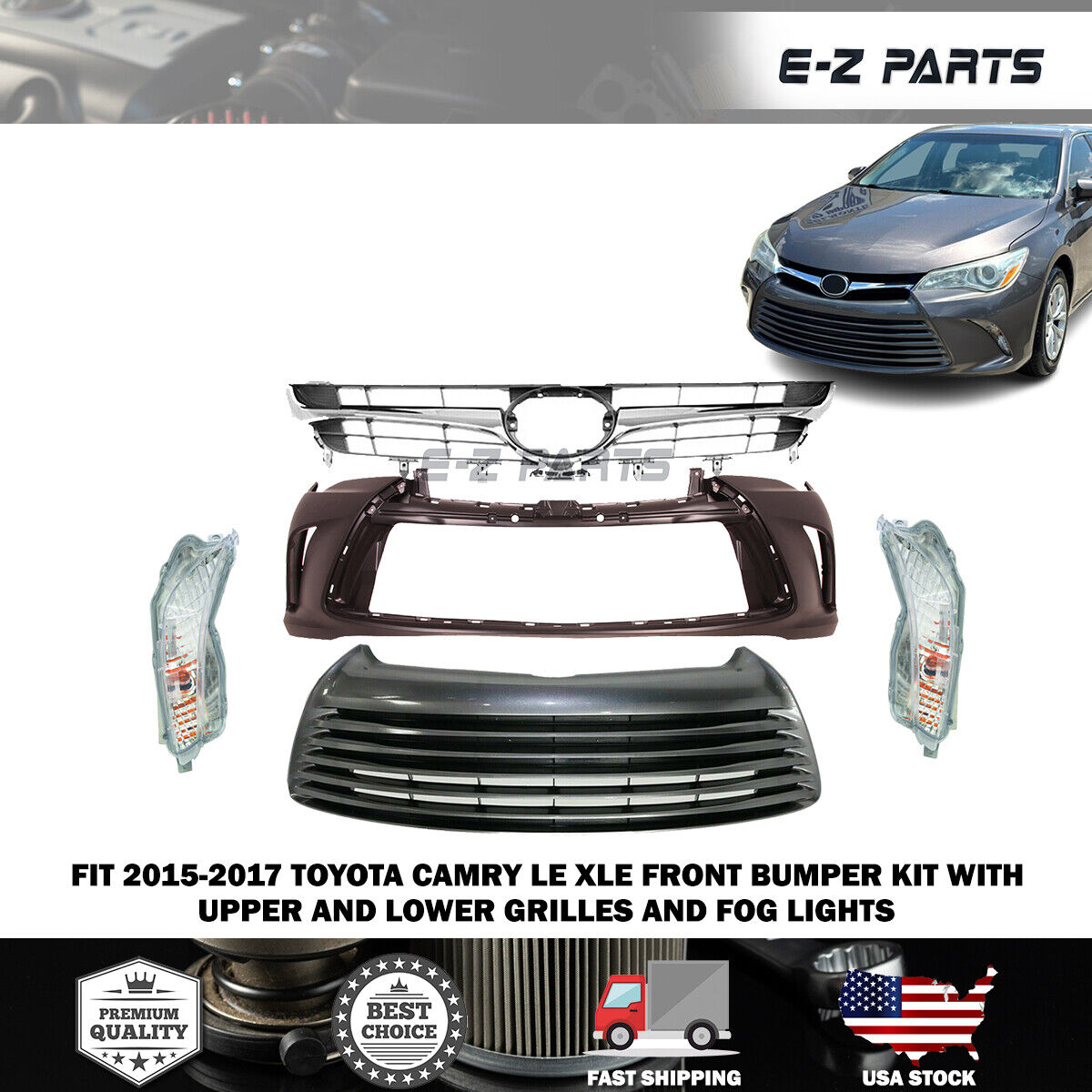 For 2015-2017 Toyota Camry LE XLE Front Bumper kit with Upper and Lower Grilles
