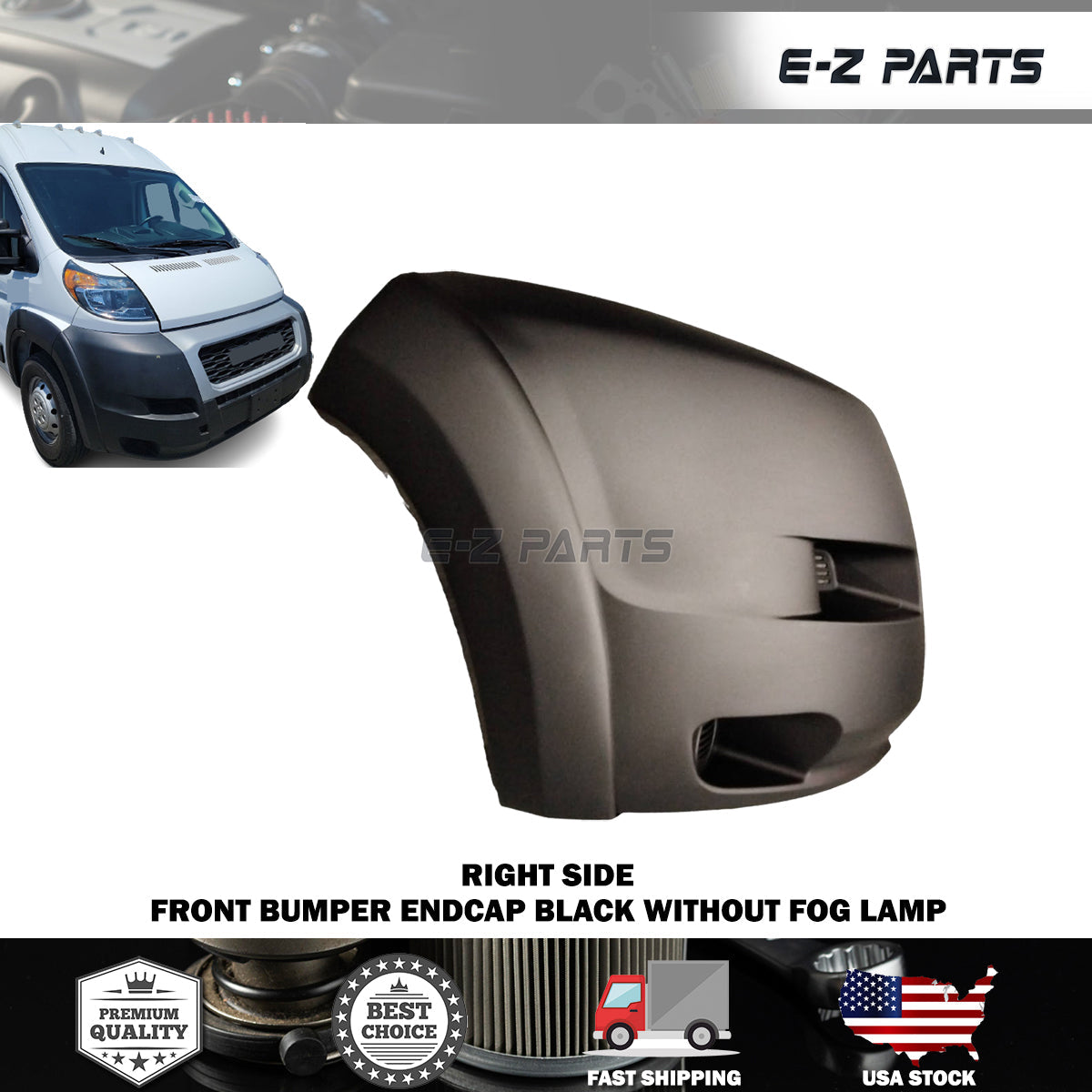 For 2019-2022 RAM Promaster Front Right Bumper Endcap Black Without Fog Lamp