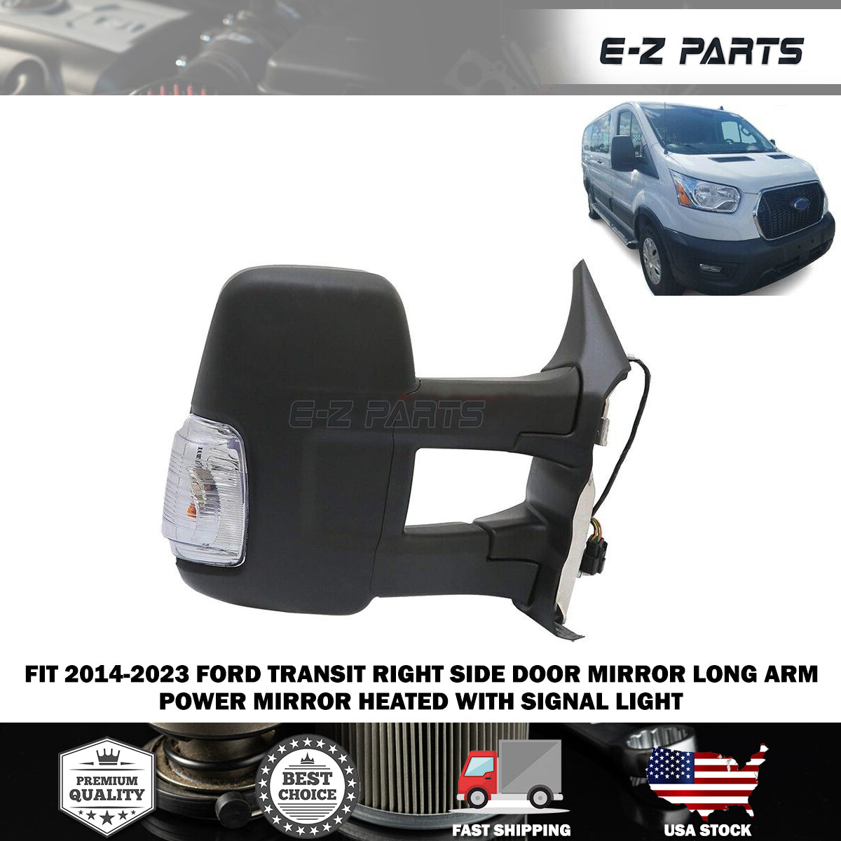 For 2014-2023 Ford Transit Right Side Door Mirror Long Arm with Signal Light RH