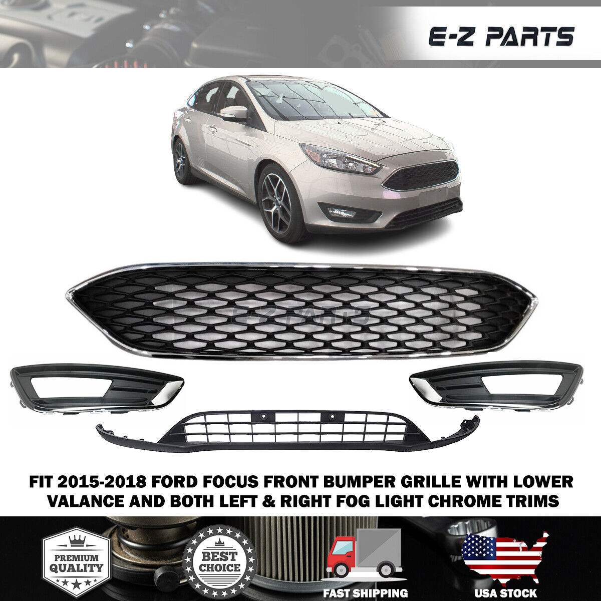 For 2015-2018 Ford Focus Upper Grille with Lower Valance and Fog Light Covers