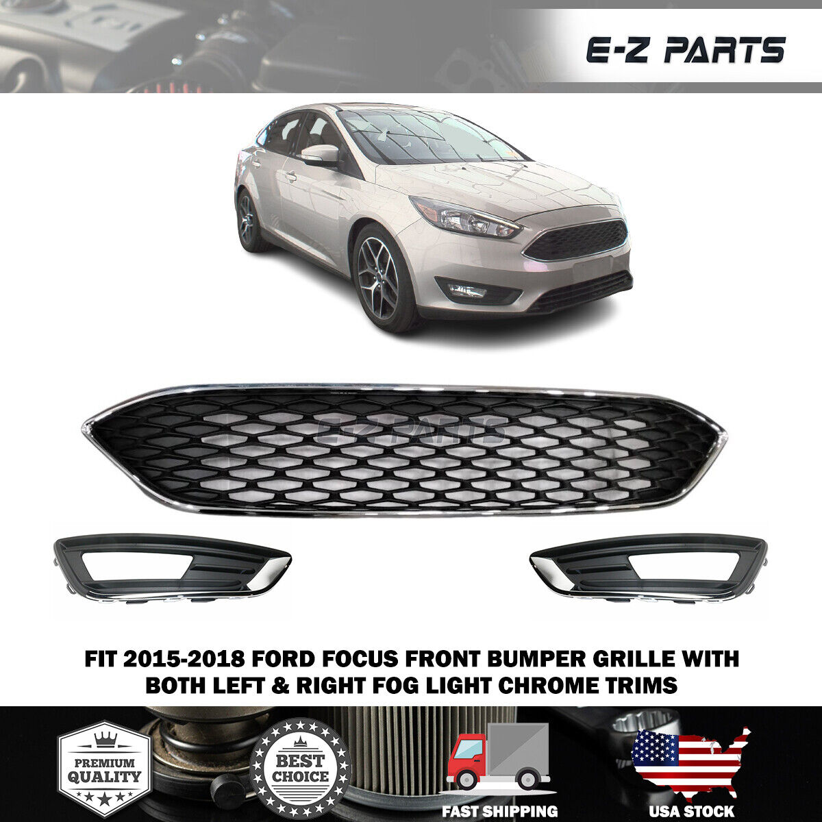 For 2015-2018 Ford Focus Upper Grille with Fog Light Covers