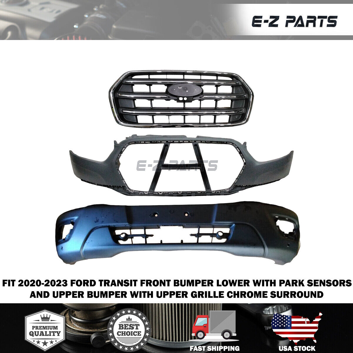 For 2020-2023 Ford Transit Front Bumper Lower with Park Sensors and Upper